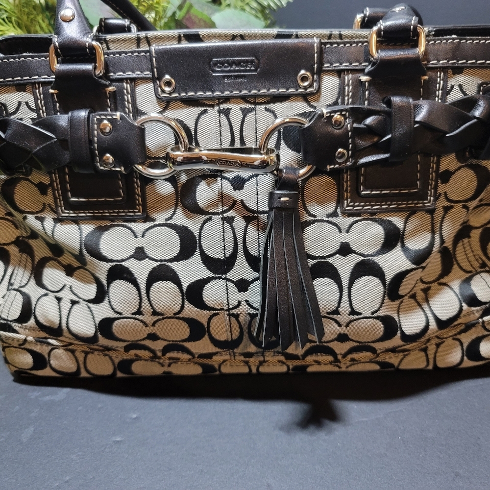 SOLD   Coach Hampton Signature Logo Carryall Tassel Canvas/Leather Tote